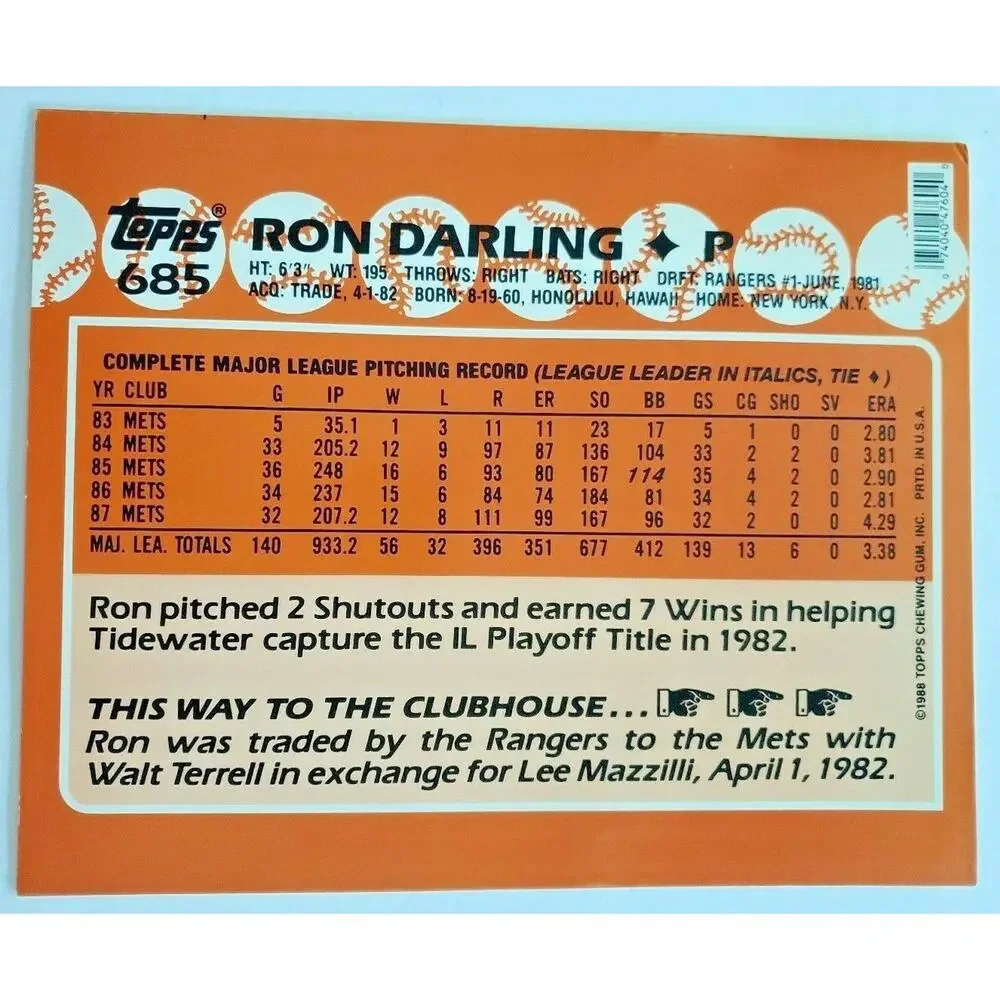 1988‎ Topps Ron Darling Baseball Duo-Tang School Paper Pocket Folder  New